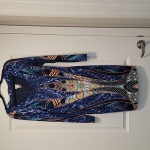 Cache Blue V Neck Leopard Geometric Print Long Sleeve Sheath Dress